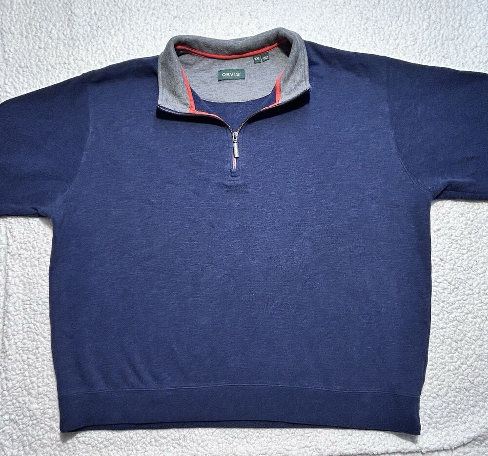 Orvis Mens XXL Quarter Zip Pullover Sweater Navy Blue Gray Mock Neck 3EHM F/22